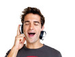 Photo: Happy young man listening to music with headphone on white Happy young man listening to music with headphone on white