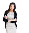 European businesswoman standing with hands folded on white