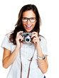 Happy young girl with camera on white background Happy young girl with camera on white background