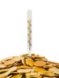 Coins and thermometer