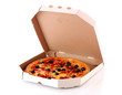 Whole pepperoni with olives pizza in box over white background