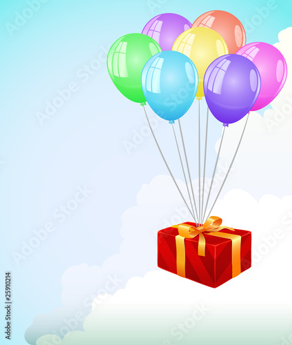 Vector: Red gift box fly in the clouds at color balloon Red gift box fly in the clouds at color balloon