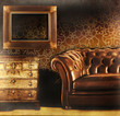 brown leather couch with empty frame in minimalist interior
