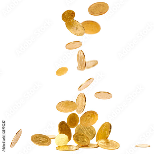 Photo: Falling Gold Coins isolated on white background Falling Gold Coins isolated on white background