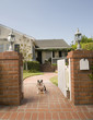 Dog sitting in open gate in front of house