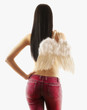 Pacific Islander woman holding wings over shoulder