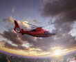 Helicopter in flight over city