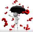 3d man with an umbrella from the sky dripping question mark. 3d man with an umbrella from the sky dripping question mark.