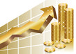 Business graph with golden arrow up and stacks of coins