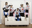 Asian family in superhero costumes in living room
