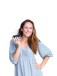 Happy young female want a cute car