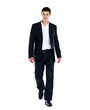 Smart young businessman walking on white