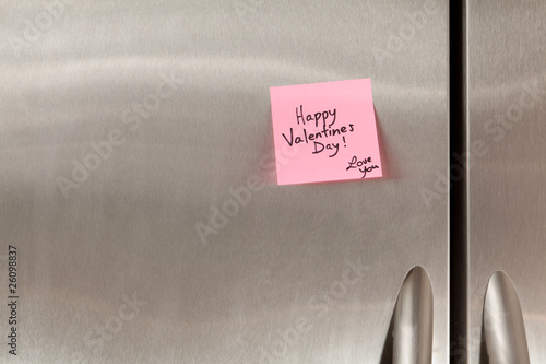 Photo: Happy Valentines Day sticky note on a refrigerator Happy Valentines Day sticky note on a refrigerator