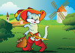 Puss in Boots on landscape background. Fairy-tale. Puss in Boots on landscape background. Fairy-tale.