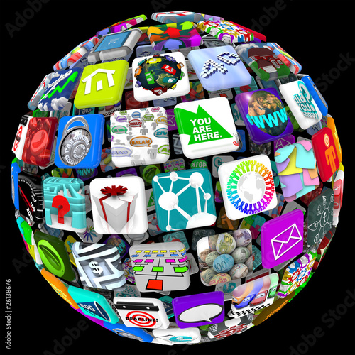 Illustration: Apps in Sphere Pattern - World of Mobile Applications Apps in Sphere Pattern - World of Mobile Applications