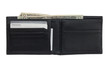Open leather wallet with money and cards