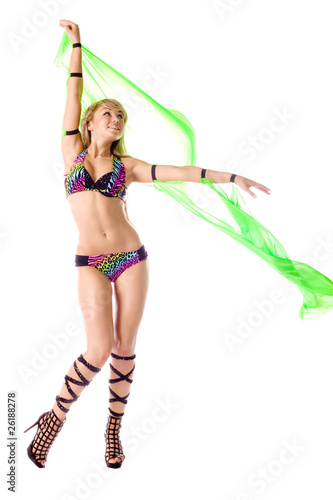 Photo: beautiful dancer girl with green wings on white background beautiful dancer girl with green wings on white background