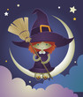 Illustration of a Cute Witch on the Moon