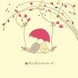autumn card with birds on a swing