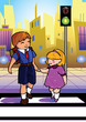 Two children use a cross walk to cross the street. Two children use a cross walk to cross the street.