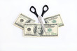 Dollars and scissors isolated on white background