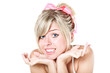 Young beautiful blond woman with pink bow apologizing