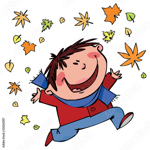 Vektor: Cheerful boy with autumn leaves Cheerful boy with autumn leaves