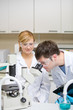 Caucasian scientists holding clipboard and looking through a mic Caucasian scientists holding clipboard and looking through a mic