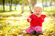 young cheerful baby play with wooden brench under trees in park young cheerful baby play with wooden brench under trees in park