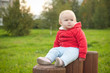 young adorable baby sit on wood stumps and look to the field young adorable baby sit on wood stumps and look to the field