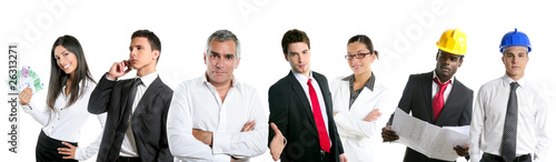 Photo: Group of business people in a line row isolated Group of business people in a line row isolated