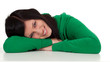 sitting smiling young long hair woman in green blouse