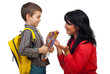 Mother and son conversation in first day of school
