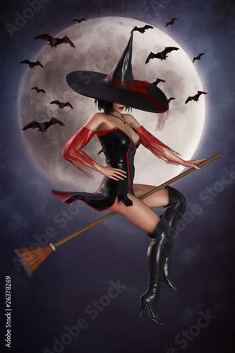 Illustration: Witch On Broom With Background Witch On Broom With Background
