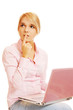 blonde with pink laptop