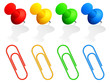 Collection of color pins and paper clips.
