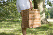 A woman carrying a picnic basket, close-up