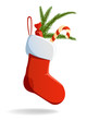Christmas red sock stuffed with candy and pine branch