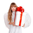 Girl in angel costume with gift box.