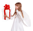Angel child  with gift box. Isolated.