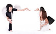Couple of angel with banner. Isolated.