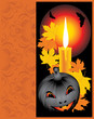 Pumpkin with candle and maple leaves. Halloween card. Vector Pumpkin with candle and maple leaves. Halloween card. Vector