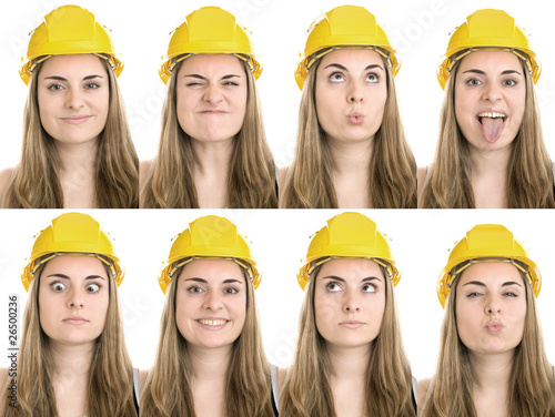 Foto: Bauarbeiterin mit verschiedenen Mimiken Bauarbeiterin mit verschiedenen Mimiken