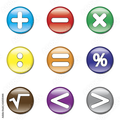 Vector: Set de botones brillantes con signos de matematicas Set de botones brillantes con signos de matematicas