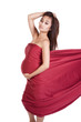 Woman with eyes closed in red cloth