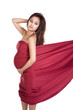 Woman looking back with red cloth
