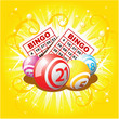 Bingo or lottery balls and cards on golden background