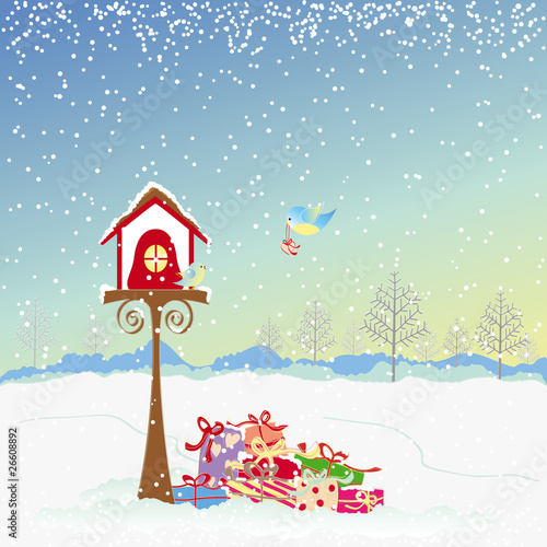 Vector: Christmas greeting robin birds and colorful present Christmas greeting robin birds and colorful present