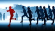 Run through the city. Man versus woman.