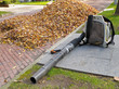Leaf Blower beside pile of Autumn leaves Leaf Blower beside pile of Autumn leaves